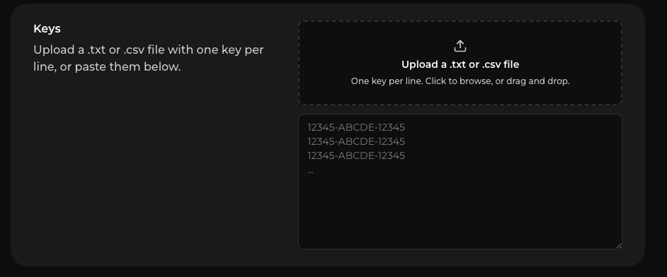 Importing key inventory by file upload or pasting keys directly