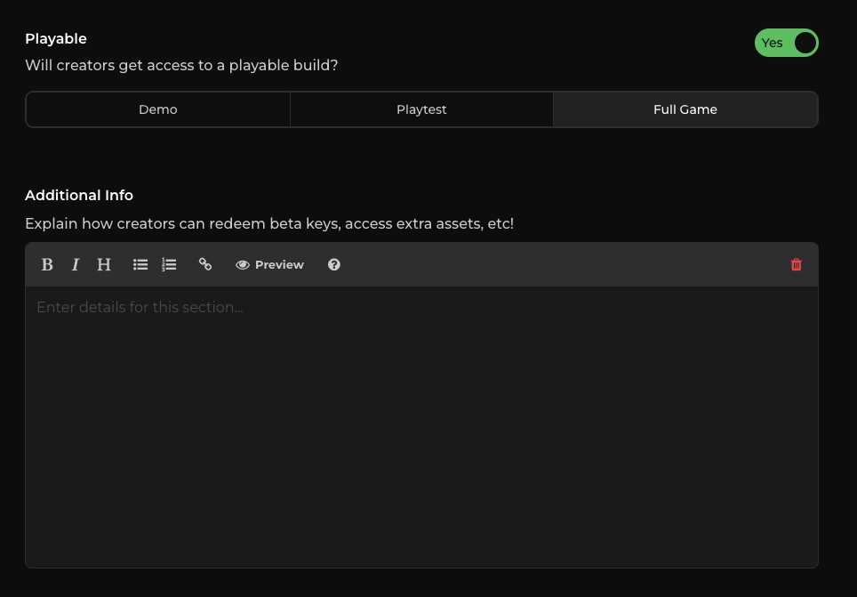 Additional Information field for build access instructions under Creator Resources