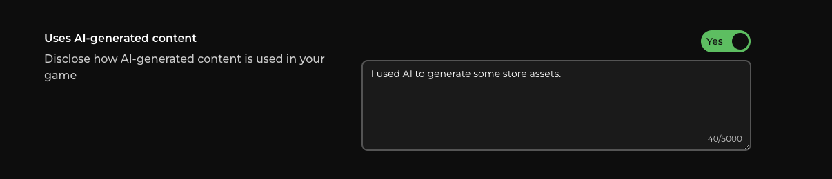Uses AI-generated content toggle with a disclosure text field