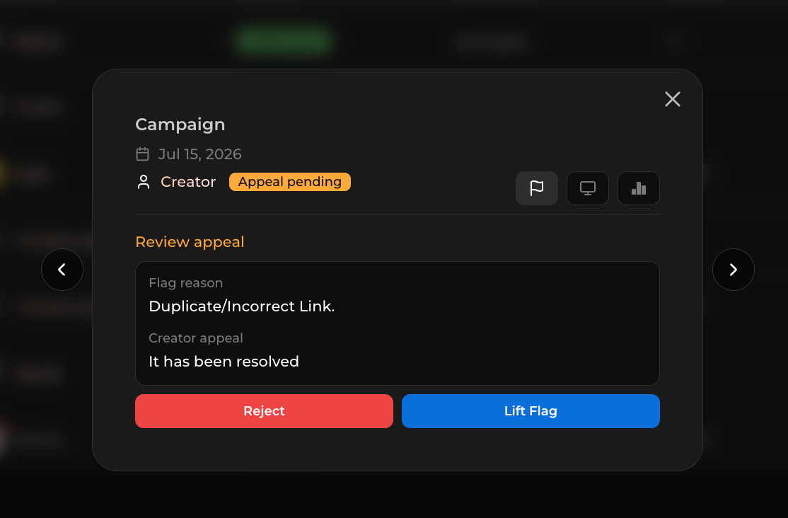 Review appeal dialog showing the flag reason, creator message, and Reject or Lift Flag actions