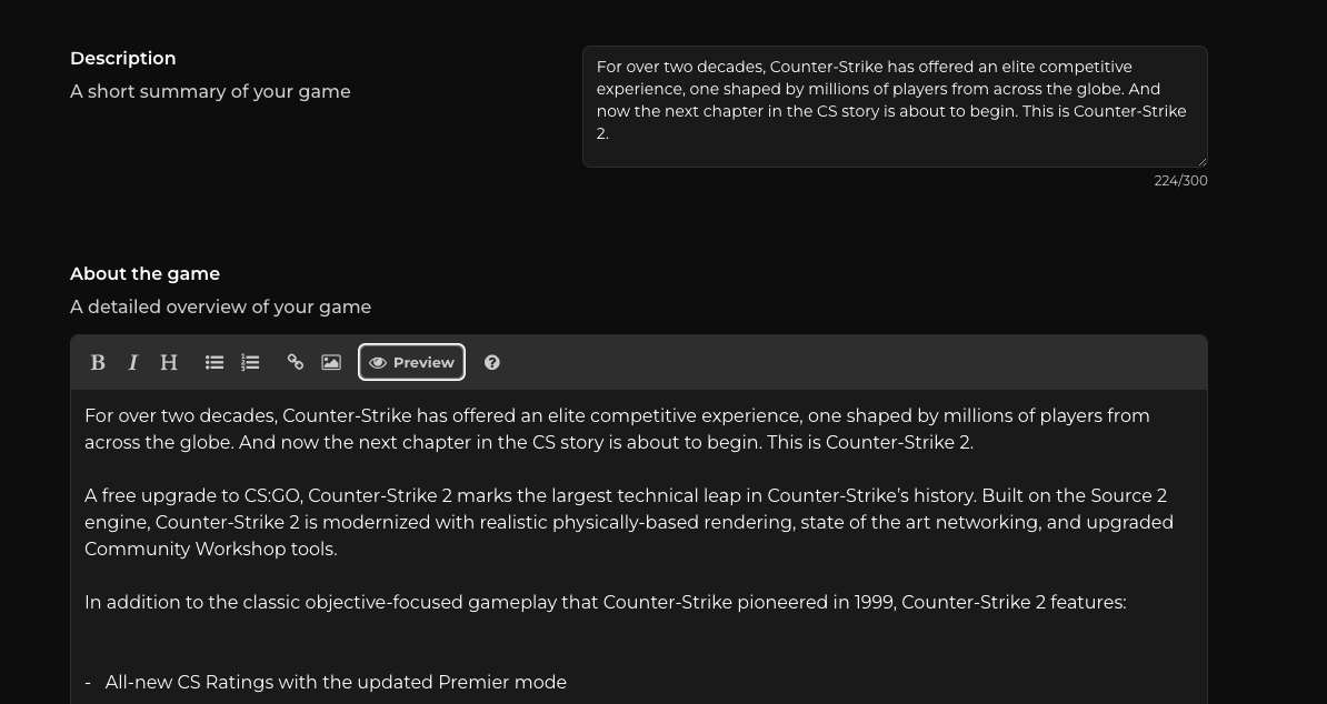 Game details autofilled from Steam, including description and about the game