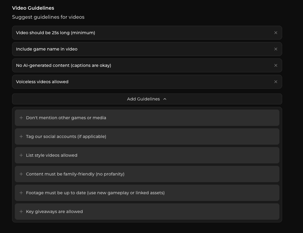 List of campaign guidelines available for a Jestr campaign