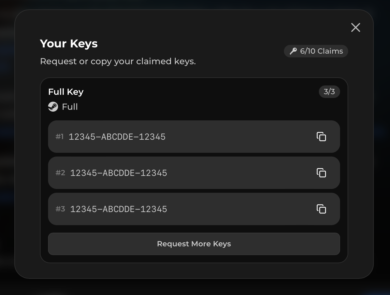 Creator dashboard showing an available key being claimed