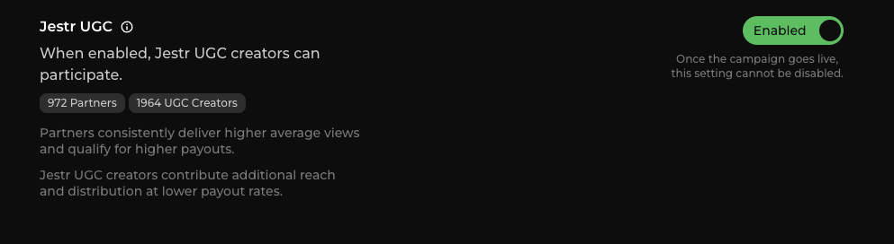 Creator participation settings for Partners and UGC creators