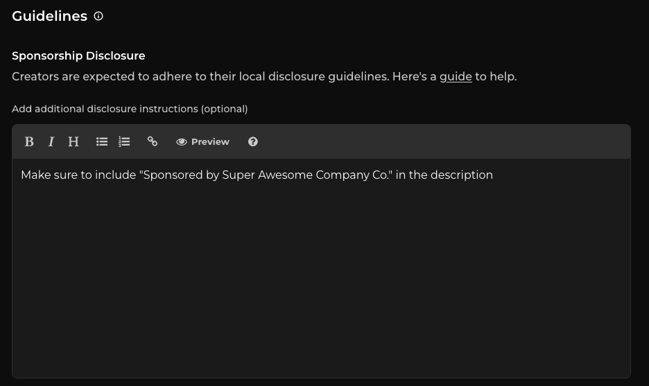 Custom sponsorship disclosure instructions field during campaign setup