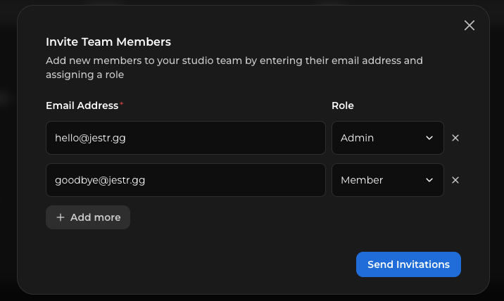 Invite Team Member dialog with email address field and role selection