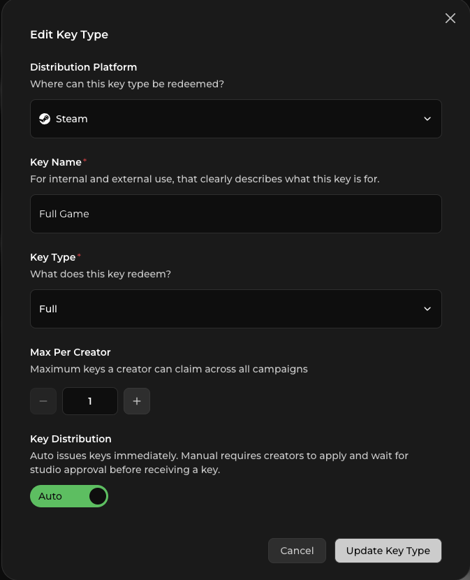 Key Type setup with platform, name, type, max per creator, and distribution settings
