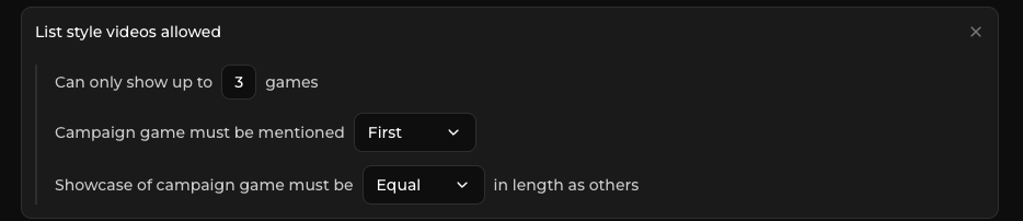 List-style video settings, including game count and placement requirements