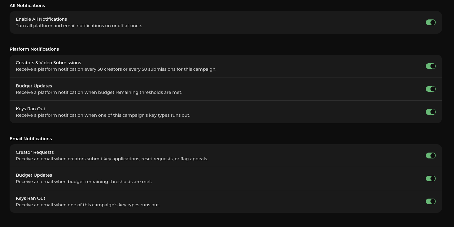 Notification preference settings with individual toggles per notification type