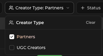Creator Type filter open, showing Partners in tan and UGC Creators in white