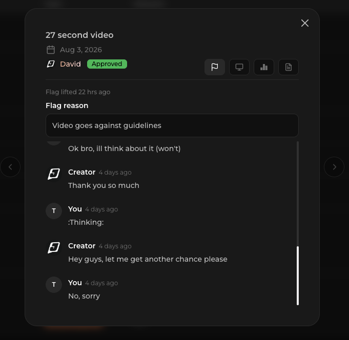 Submission after a flag is lifted, with the flag reason and conversation history