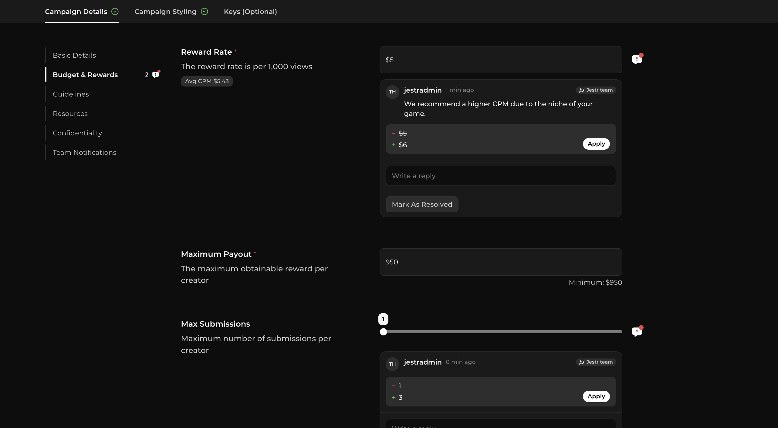 Jestr team review comments left on a submitted campaign