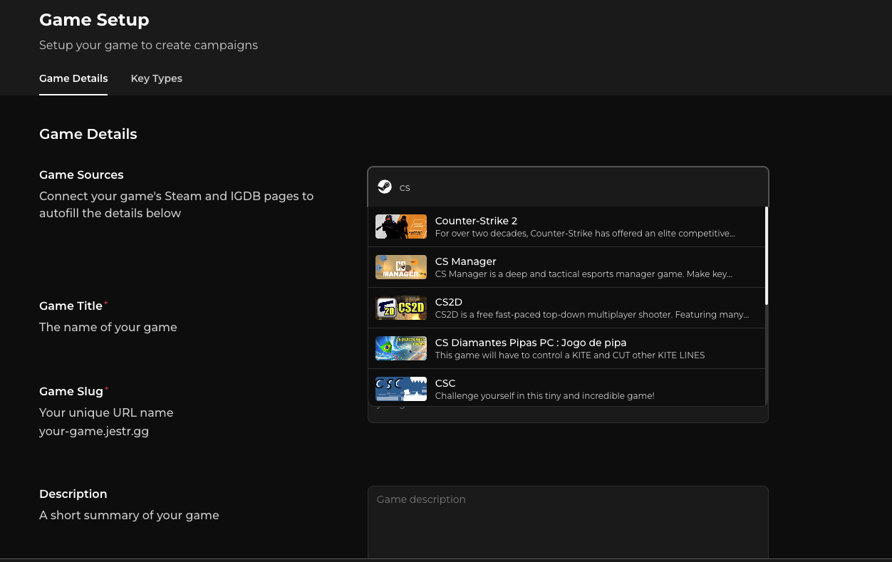 Game Setup search showing Steam results for a game