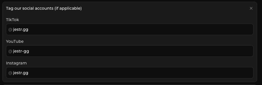 Fields for entering TikTok, Instagram, and YouTube usernames